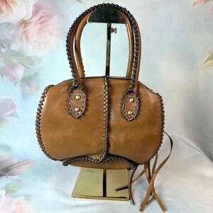 Firenze Bella Miah Brown Whipstitched Leather Barrel Satchel Handbag Purse